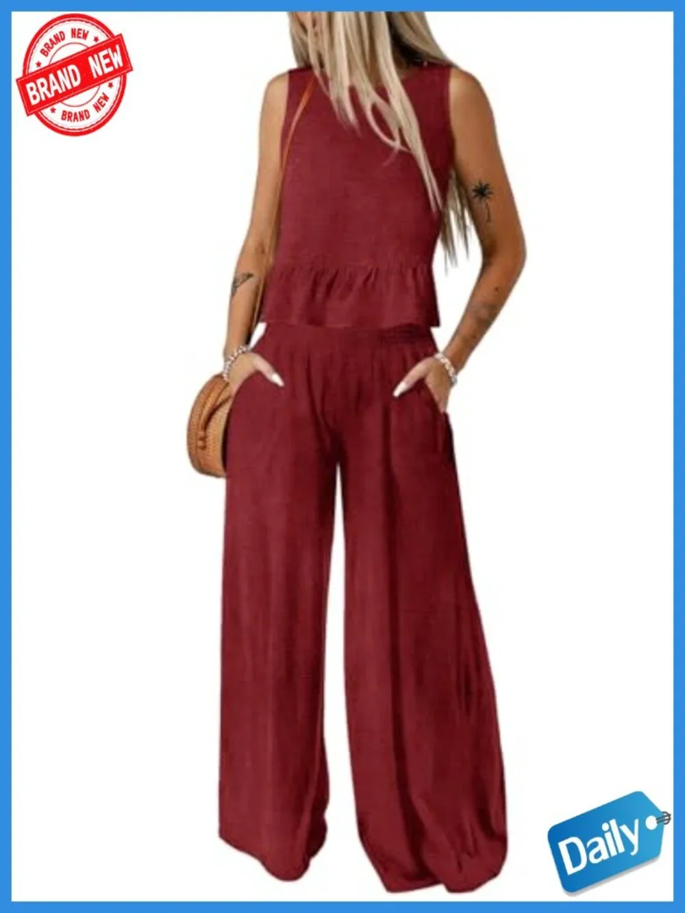 2 Piece Outfit Sleeveless Tank Top Wide Leg Pants Set Loungewear With Pockets